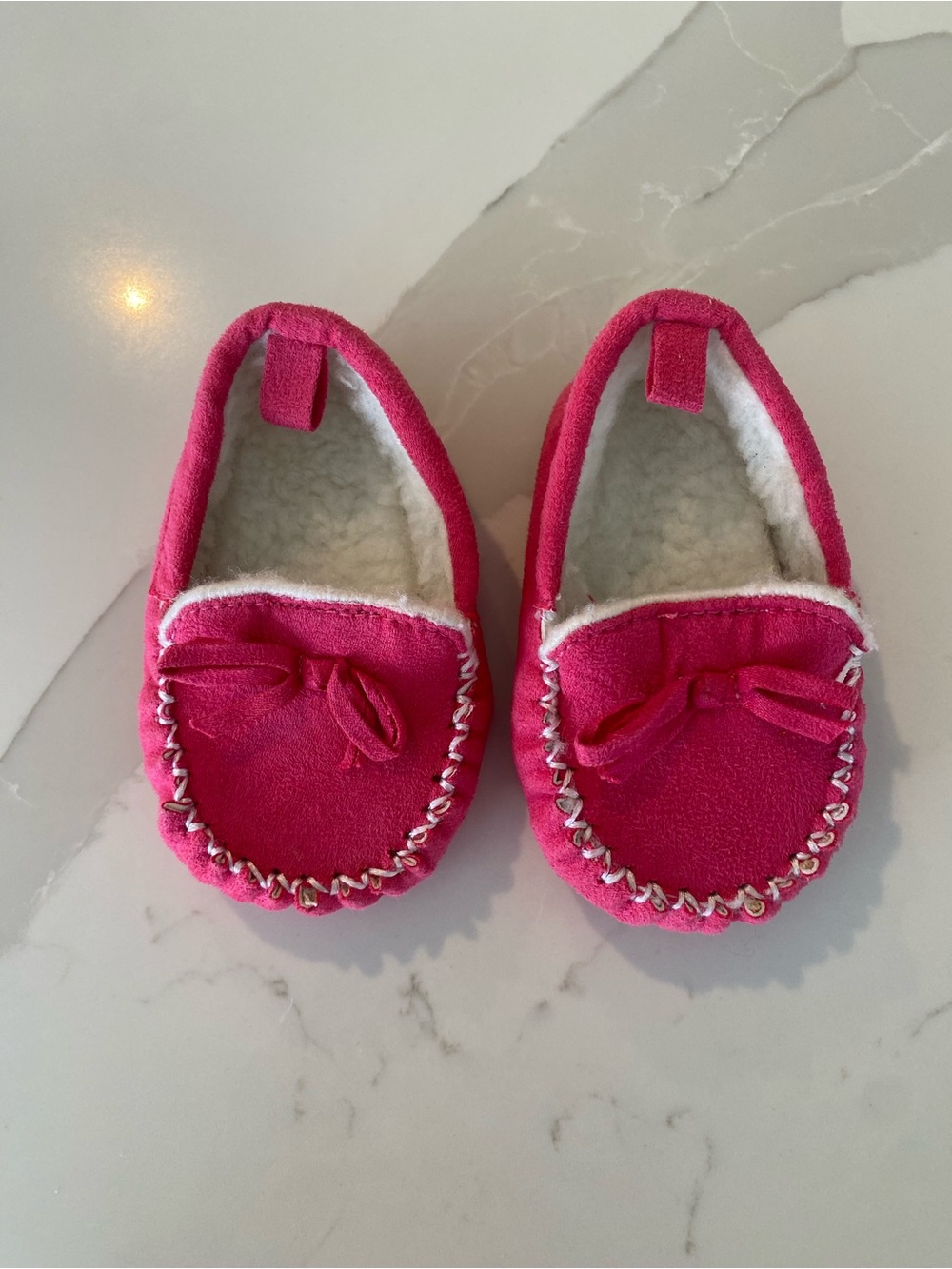 Rising Star Girls Pink Moccasin Slippers Faux Fur Lined Slip On Bow 6-9M